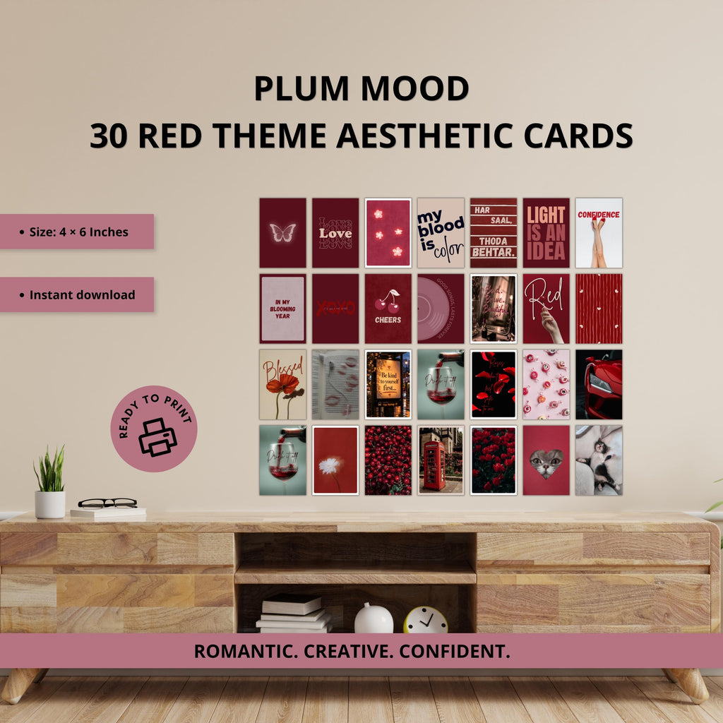Feeling Plum: Wall Collage Kit | 30 Printable Aesthetic Cards | Burgundy Mood Cards | Vision Board | Journaling Ephemera