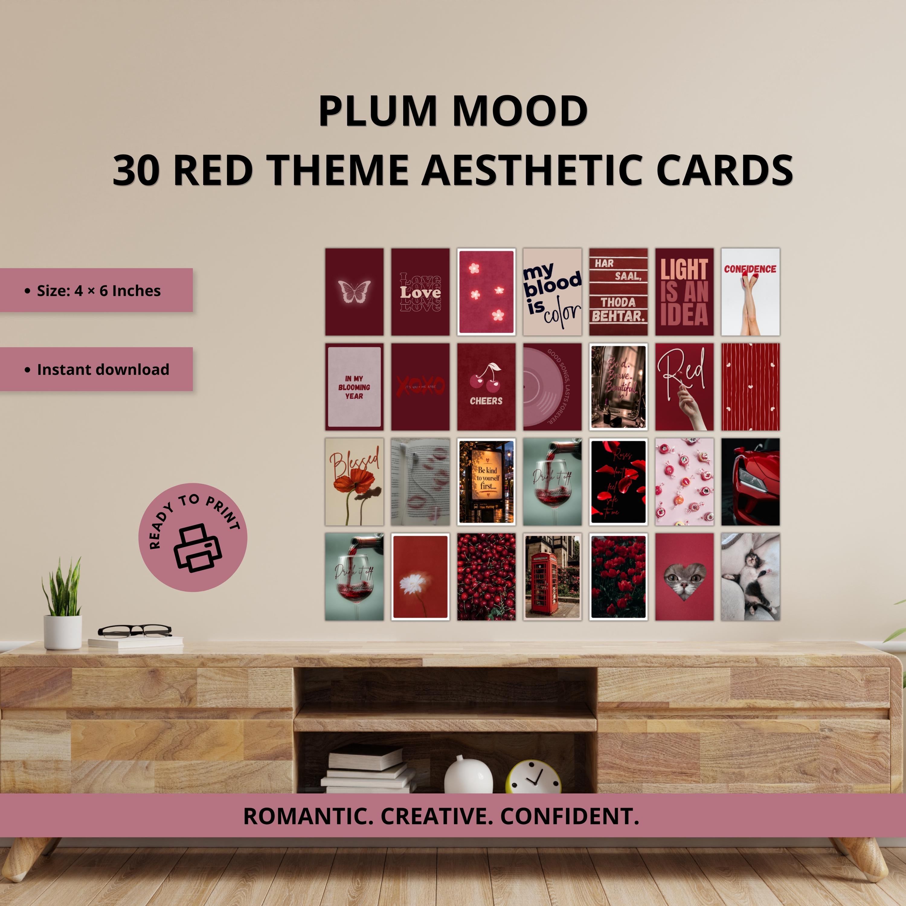 Feeling Plum: Wall Collage Kit | 30 Printable Aesthetic Cards | Burgundy Mood Cards | Vision Board | Journaling Ephemera
