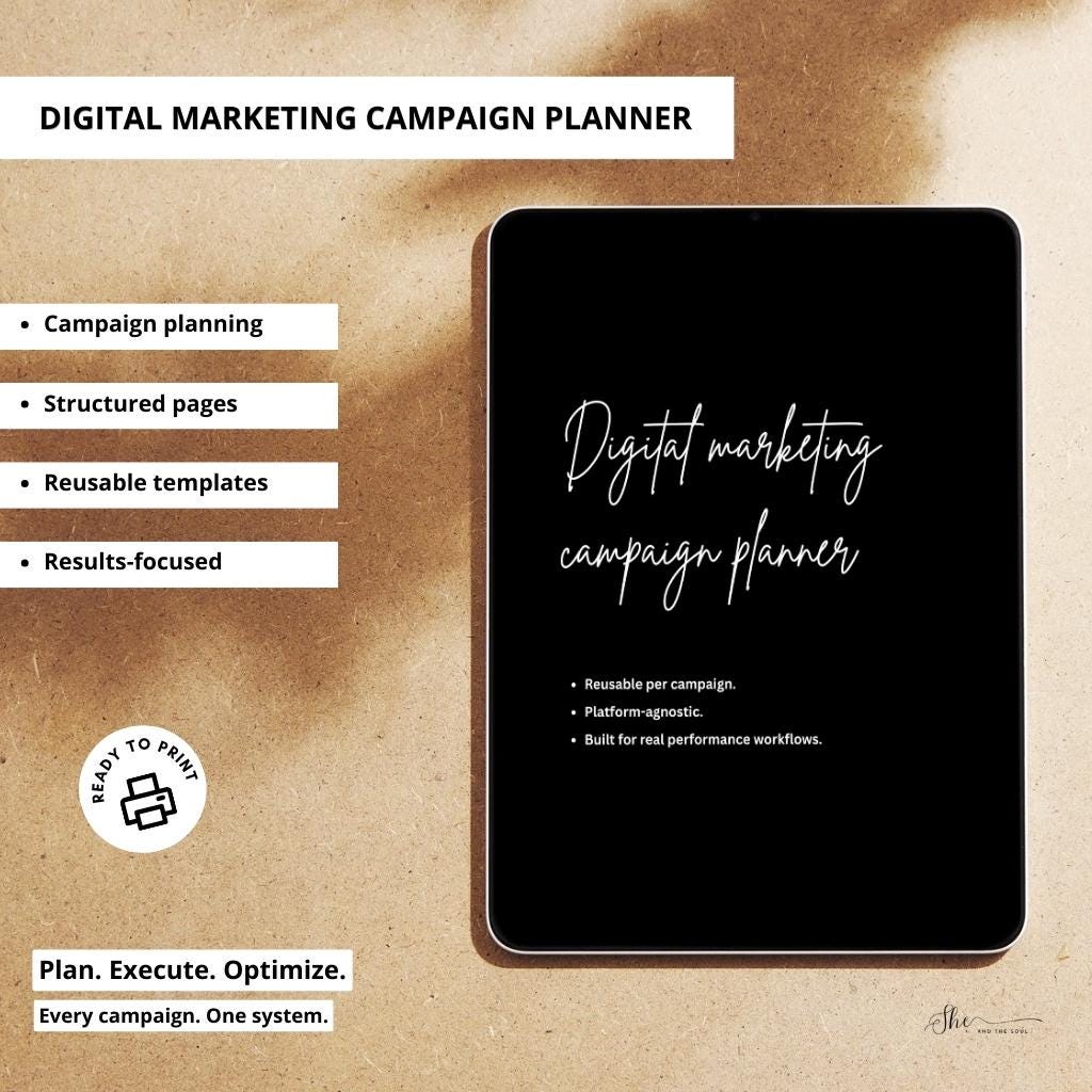 Digital Marketing Campaign Planner | Ads, Content Strategy, KPI Tracker (Reusable | Print-ready | Digital Download)