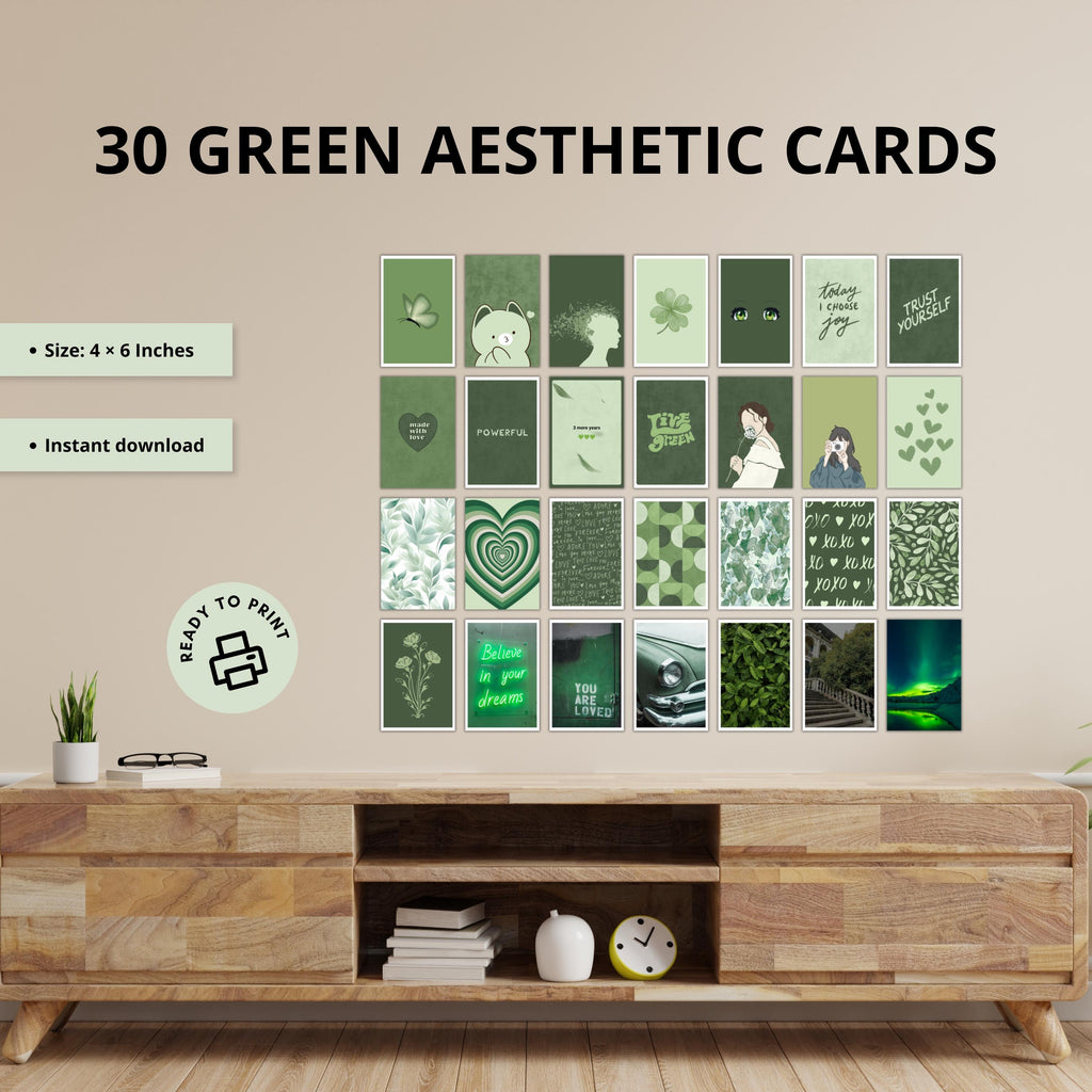Green Mood: 30 Aesthetic Printable Cards | Motivation & Inspiration Deck | 4x6 Journal Cards (Digital Download)