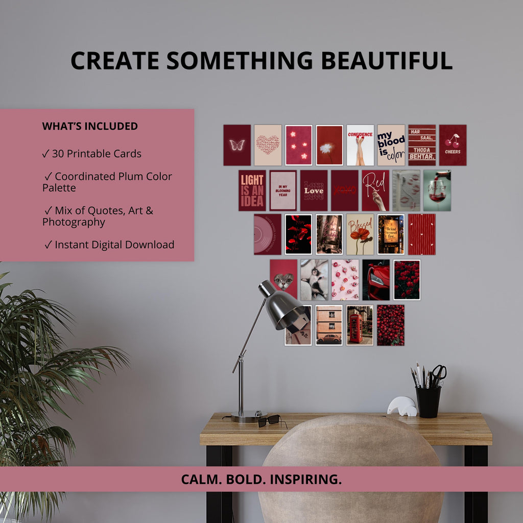Feeling Plum: Wall Collage Kit | 30 Printable Aesthetic Cards | Burgundy Mood Cards | Vision Board | Journaling Ephemera