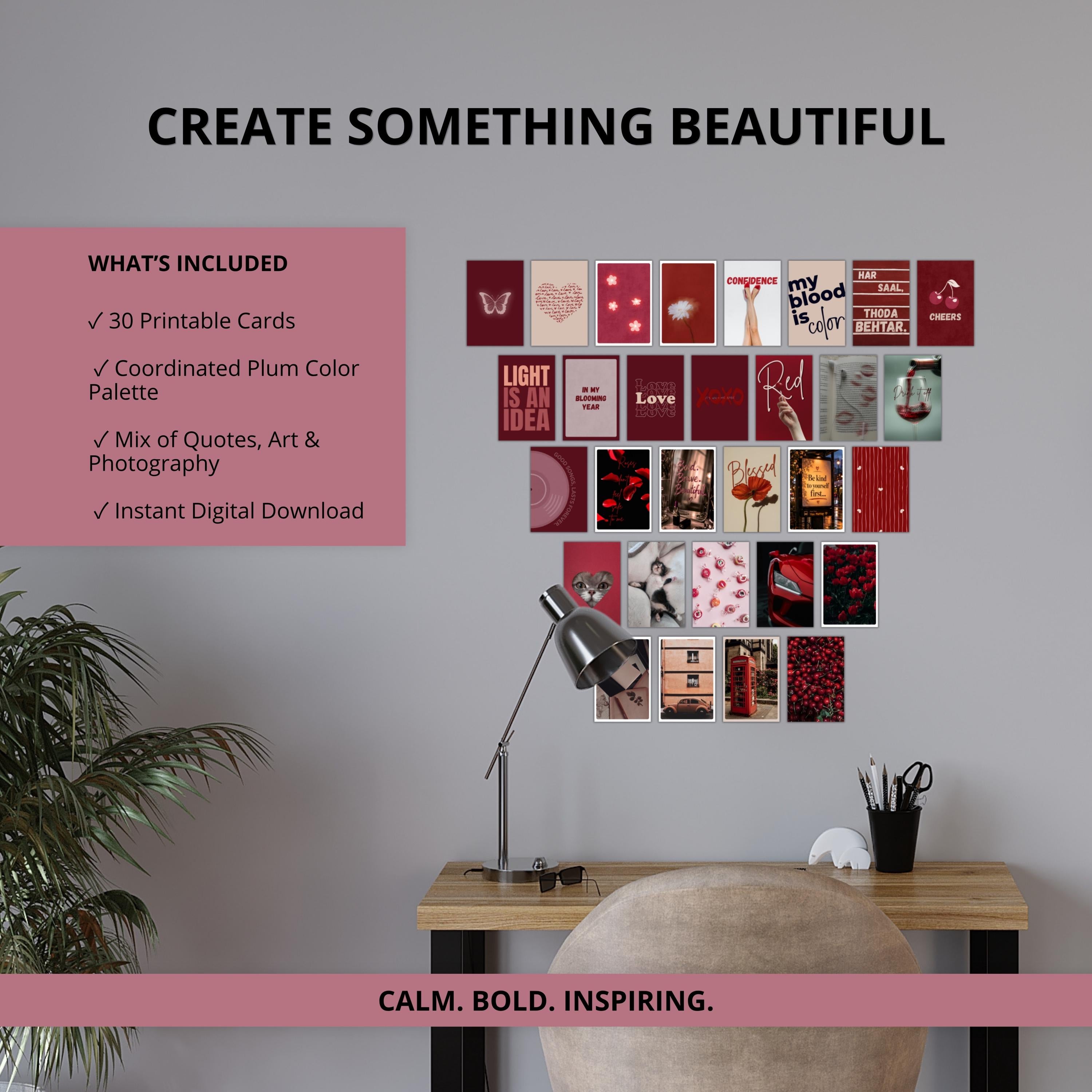 Feeling Plum: Wall Collage Kit | 30 Printable Aesthetic Cards | Burgundy Mood Cards | Vision Board | Journaling Ephemera