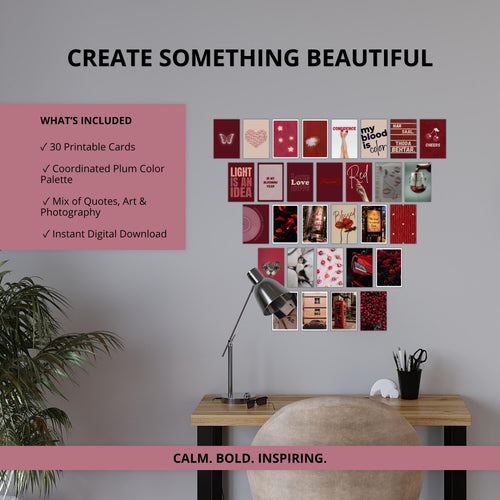 Feeling Plum: Wall Collage Kit | 30 Printable Aesthetic Cards | Burgundy Mood Cards | Vision Board | Journaling Ephemera