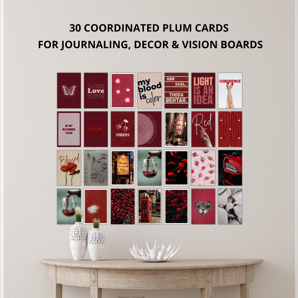 Feeling Plum: Wall Collage Kit | 30 Printable Aesthetic Cards | Burgundy Mood Cards | Vision Board | Journaling Ephemera