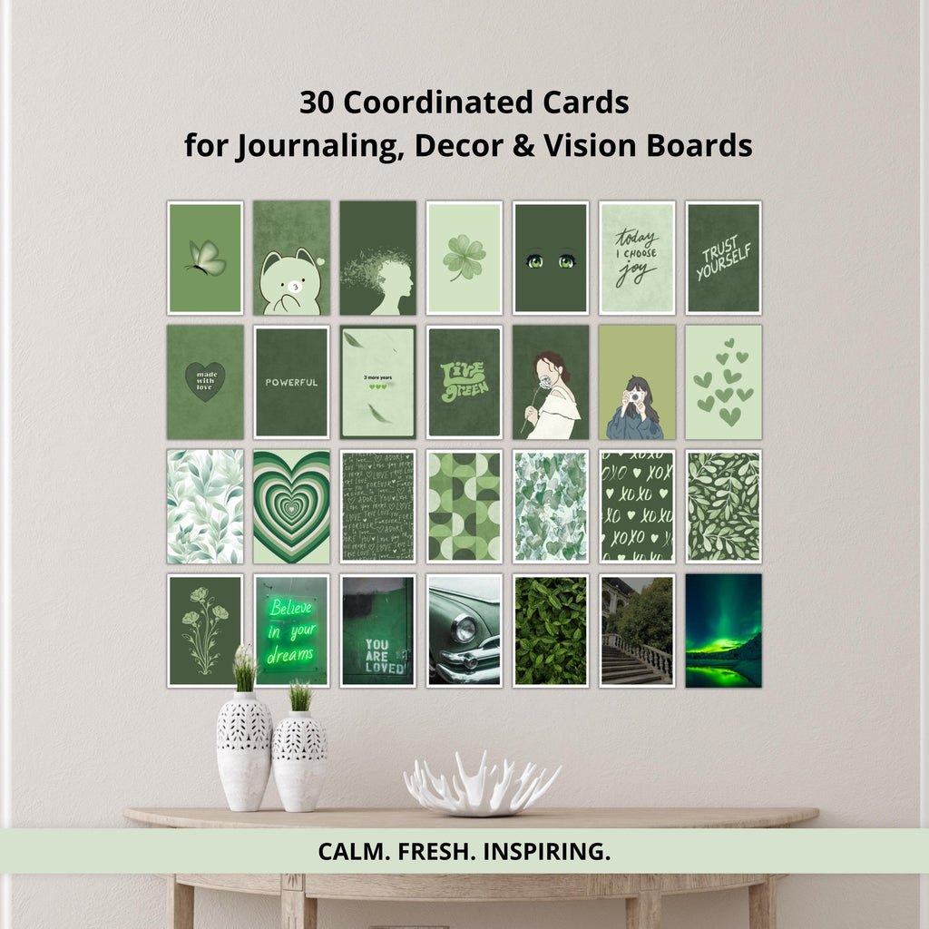Green Mood: 30 Aesthetic Printable Cards | Motivation & Inspiration Deck | 4x6 Journal Cards (Digital Download)