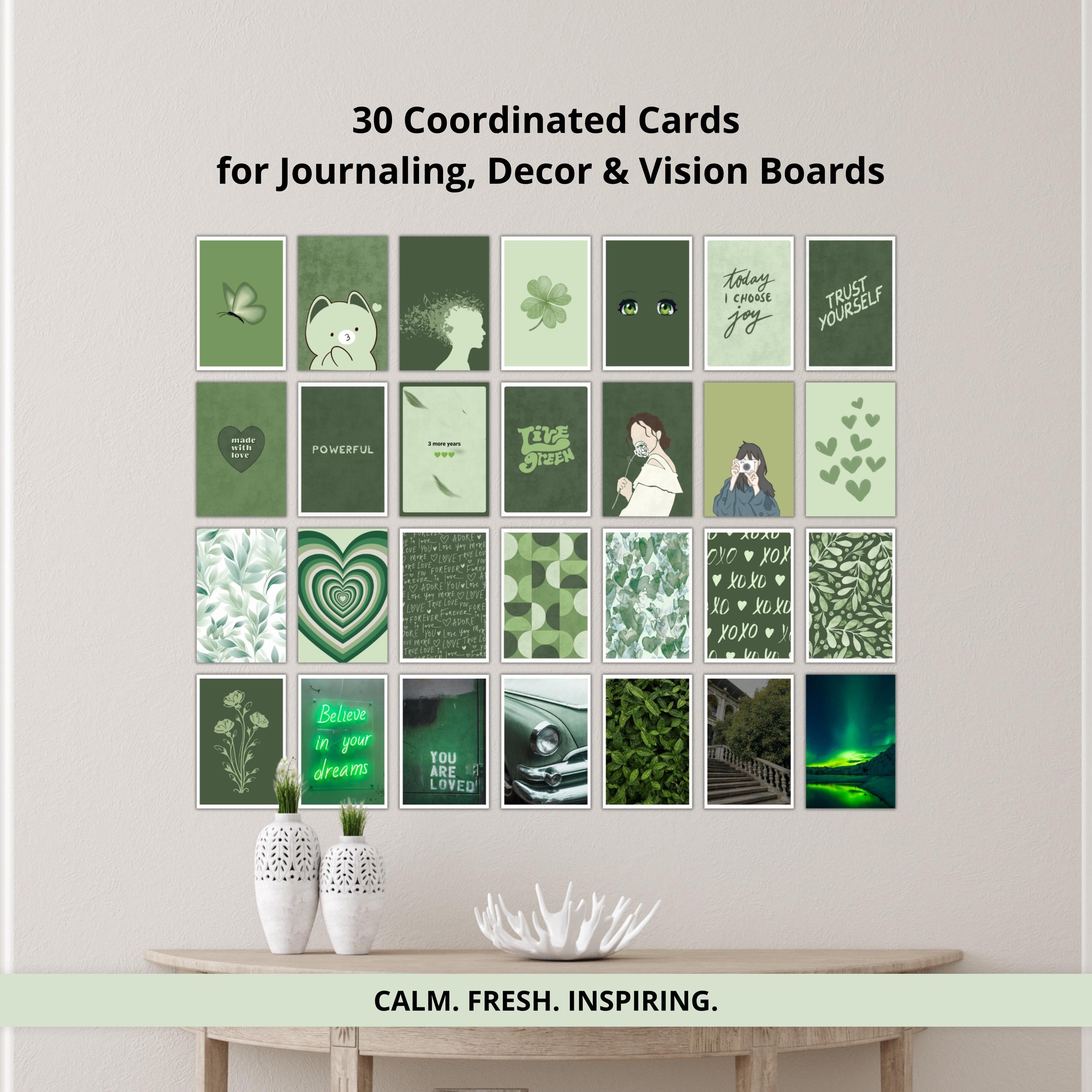 Green Mood: 30 Aesthetic Printable Cards | Motivation & Inspiration Deck | 4x6 Journal Cards (Digital Download)