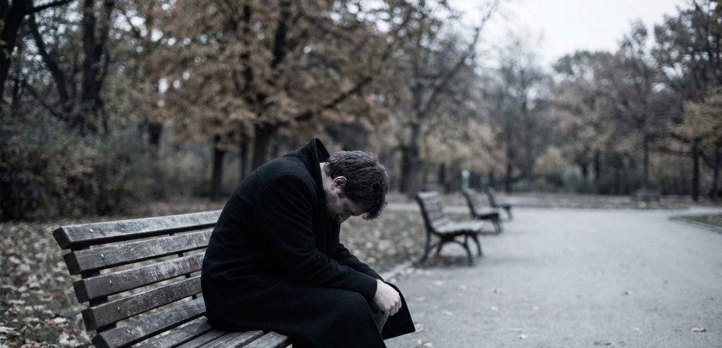 A person sitting alone on a bench in a colorful park, depicted in muted colors to represent the isolation of depression.