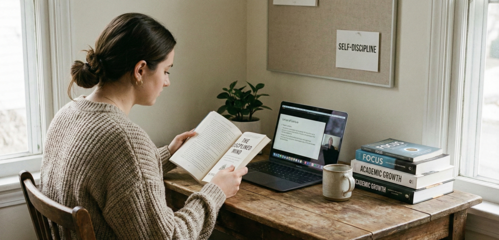 A quiet, aesthetic workspace for a distance learning student, featuring a laptop and books, symbolizing self-discipline and study.