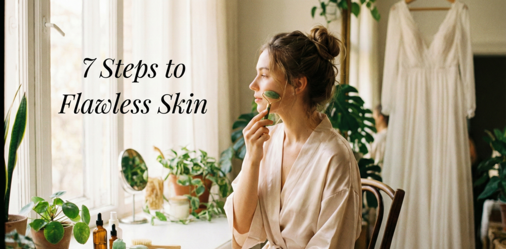 A serene bride using a jade roller for skincare preparation in a sunlit room, representing a holistic pre-wedding beauty routine.