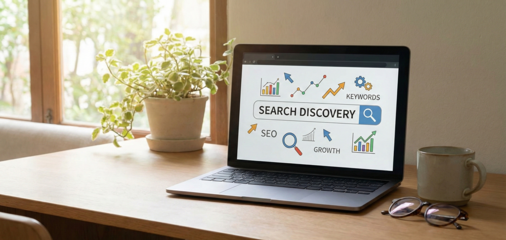 Laptop on a wooden desk displaying SEO and search discovery graphics, representing how Google search and keywords work