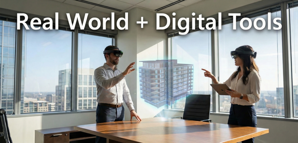 Two professionals in a modern office collaborating on a design project using a mixed-reality headset to view and manipulate a glowing 3D holographic architectural model floating above their table.
