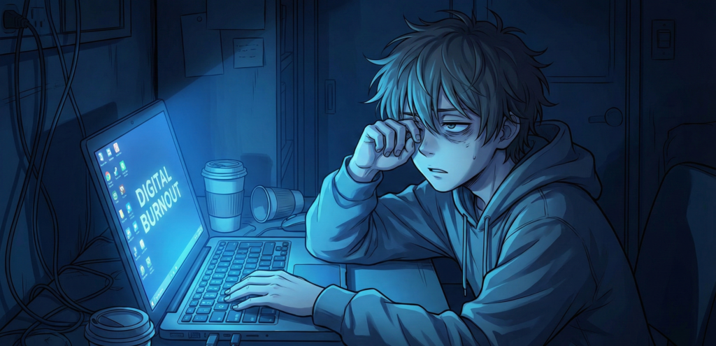 anime picture of An exhausted remote worker sitting in a dark room illuminated by blue light from a laptop, representing digital burnout.